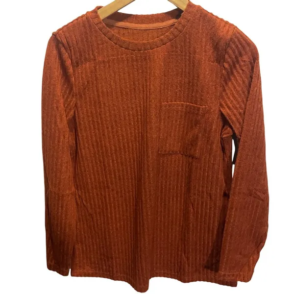 Ribbed Long Sleeve Rust Top With Pocket Detail‎ Womens XL Casual - Image 2