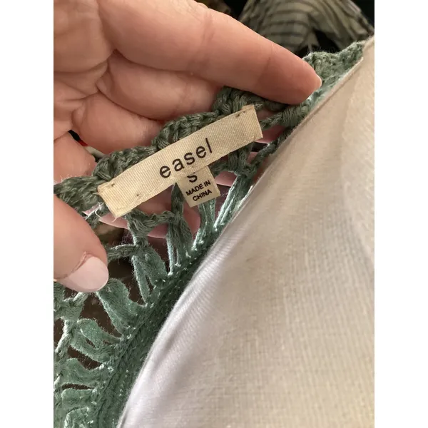 Easel Sage Green Crochet Fringe Poncho Gauze Top Small - Image 6