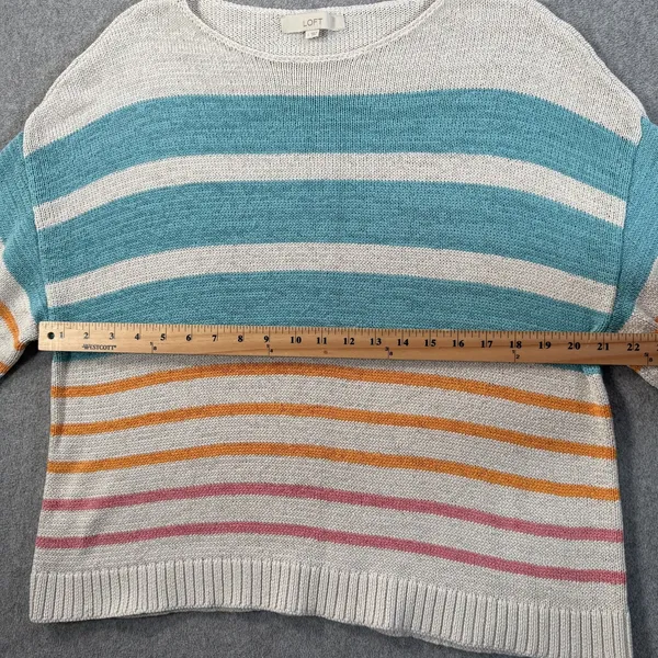 LOFT Women's Large Striped Knit Sweater Top Teal Orange Pink Drop Shoulder Boxy - Image 7