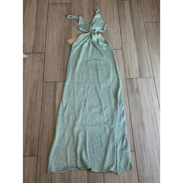 NEW Meshki Gracelyn Twisted Metallic Knot Maxi Dress Aqua Blue Size Small - Image 4