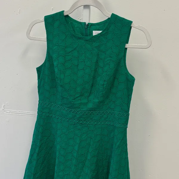 Calvin Klein Green Eyelet Cotton Fit and Flare Dress Petite 2P Sleeveless Summer - Image 3