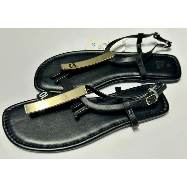 Time and Tru Womens Hardware T-Strap Flat Sandals Black Gold NWT Size 10 EU 41 - Image 7