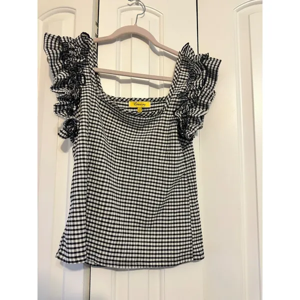 Gingham‎ Checkered Ruffle Top By Circus NY Size L Black Size L - Image 2