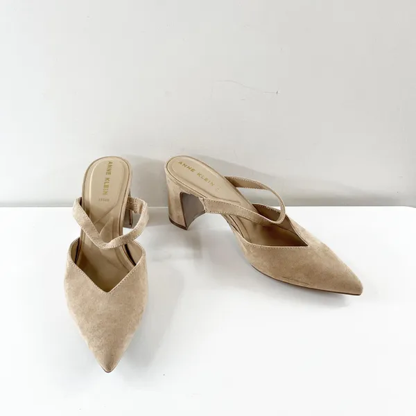 Anne Klein Bellatrix Pointed Toe Suede Block Heel Mule Heels Tan Beige 9 - Image 9