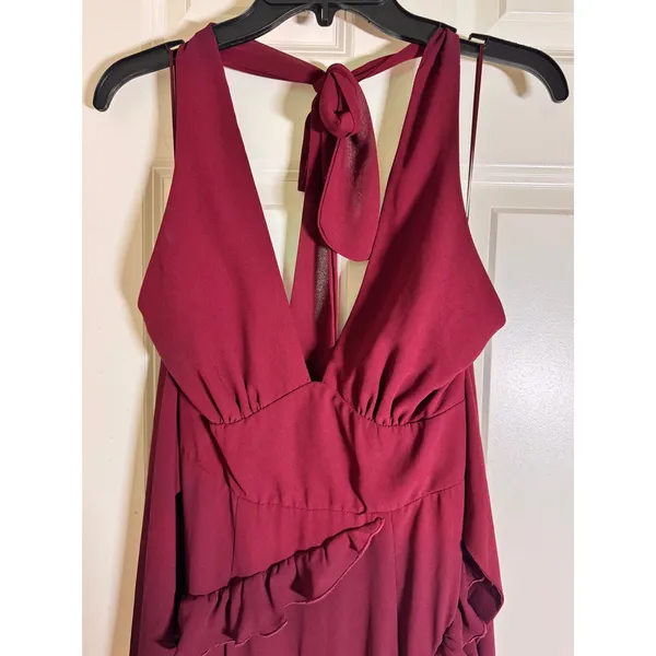 American Threads Burgundy Ruffle‎ Halter Midi Dress Wine Red Tiered V-Neck Small - Image 2