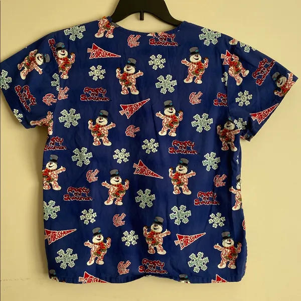Frosty the Snowman Christmas Holiday Scrub Top Womens Medical Medium retro - Image 2