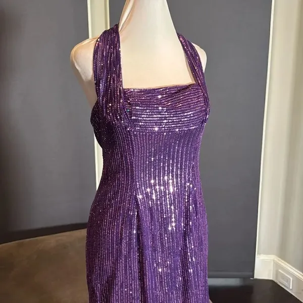 Women’s Purple Fully Sequined Short Prom Party Dress Halter Neck Size 8 NEW - Image 2