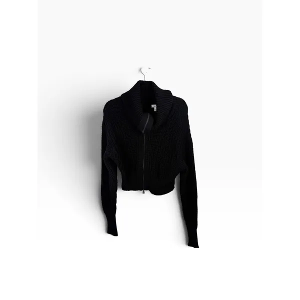 Aerie Double Zip Cardigan Sweater Black Chunky Knit Cropped Mock Neck Women Smal - Image 2
