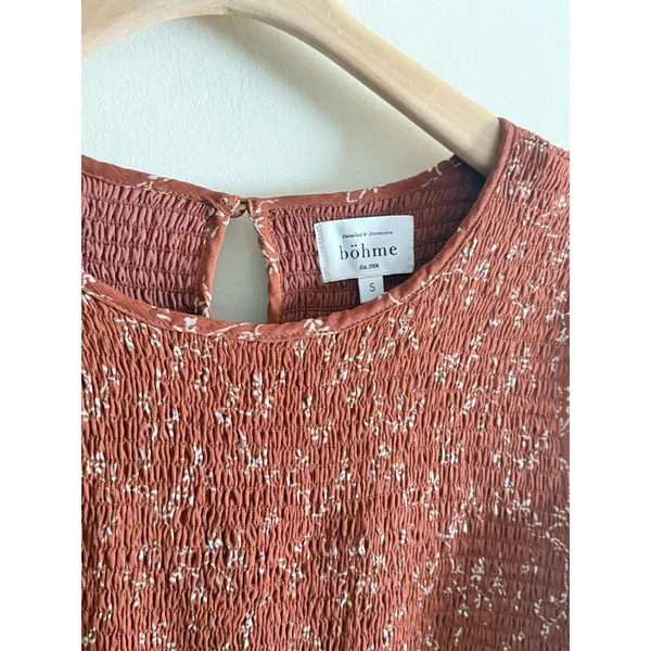 Bohme Rust Smocked‎ Midi Dress Floral Fall Tiered Size Small Boho Casual - Image 2