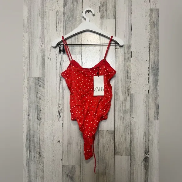 Zara Red Star Print Lace-Up Bodysuit Size XS NWT - Image 10