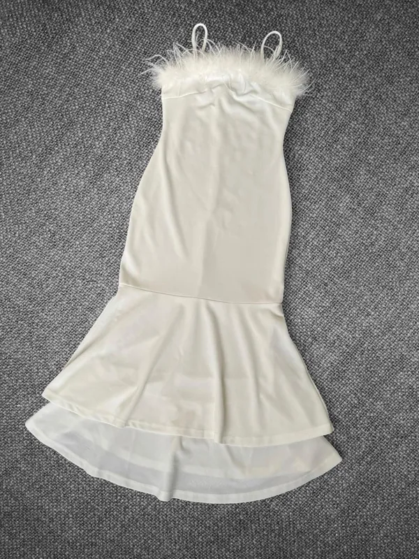 SHEIN White Feather Trim Mermaid Midi Dress XS Spaghetti Strap Party Dress - Image 2