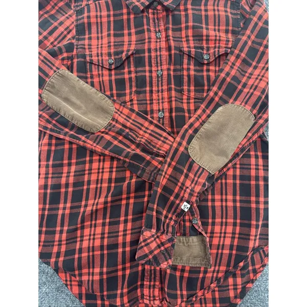 KAVU Women’s M Red Black Plaid Flannel Shirt Corduroy Elbow Patches Outdoor - Image 4