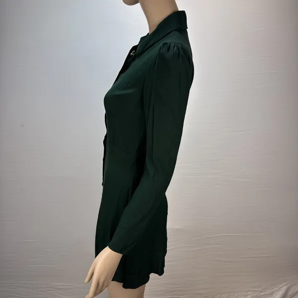 Reformation‎ Hugh Mini Shirt Dress Size 2 Forest Green Gold Buttons Long Sleeve - Image 3