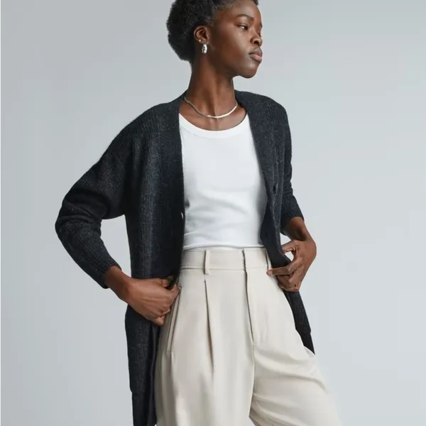 EVERLANE The Oversized Alpaca Cardigan Heathered Black Merino Wool Pockets Small - Image 4