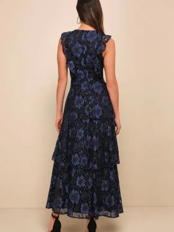 Lulus Molinetto Lace Ruffled Tiered Sleeveless Maxi Dress Floral V-Neck - Image 4