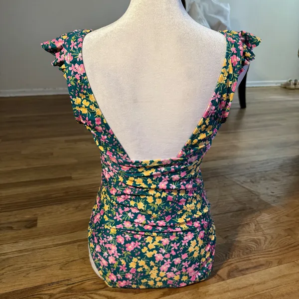 Floral Ruffle V-Neck One Piece Swimsuit‎ Teal Pink Yellow Ruched Low Back small - Image 2