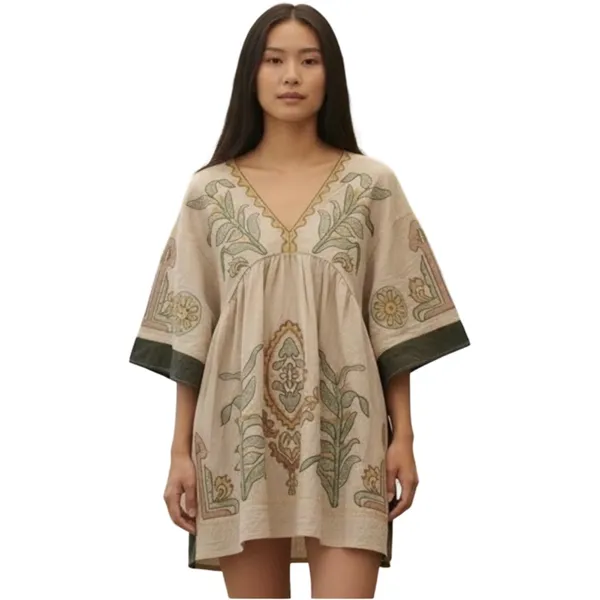Dreamy Boho Embroidered Babydoll Dress | Cream + Sage | Size M - Image 6