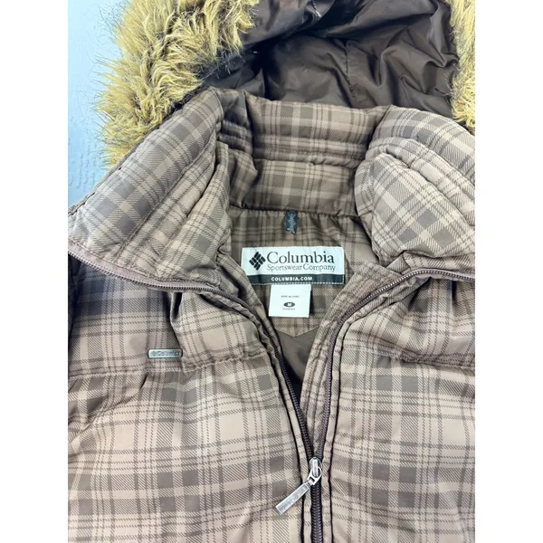 Columbia Womens Brown Plaid‎ Down Puffer Jacket Faux Fur Hood Size M - Image 4