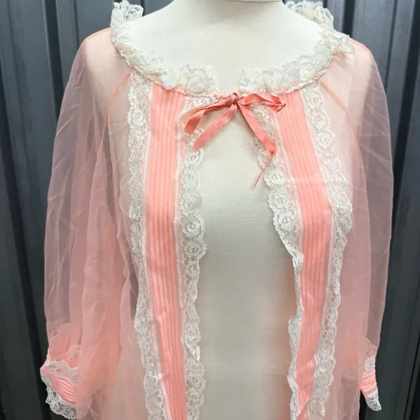 Vintage Lane Bryant Pink Mesh Lace Dressing Gown Cape Robe XS S M - Image 2