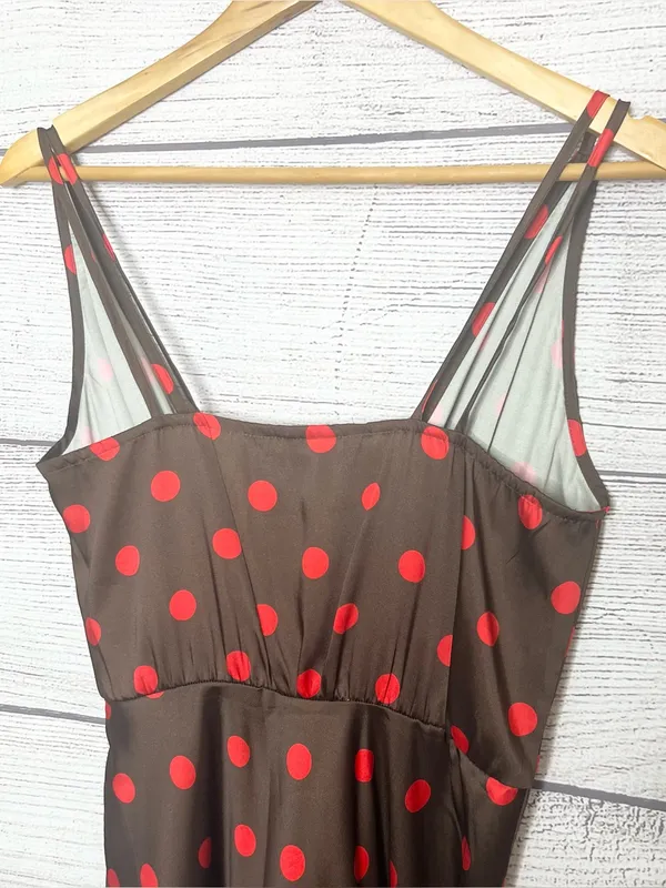 ZARA Brown & Red Polka Dot Sleeveless Midi Slinky Satin Slip Dress Size Small - Image 10