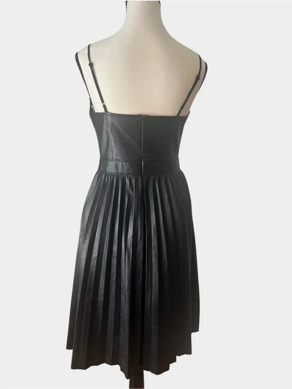 Express Black Faux Leather Pleated Midi Dress Lace Trim Small Goth - Image 3