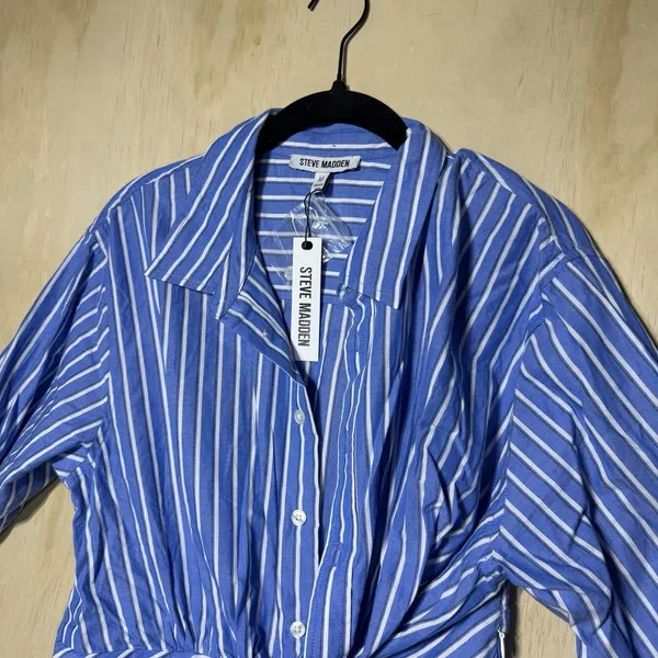 Steve Madden Shirt Dress Womens Medium Blue Stripe Tie Front Button Up NWT $79 - Image 2