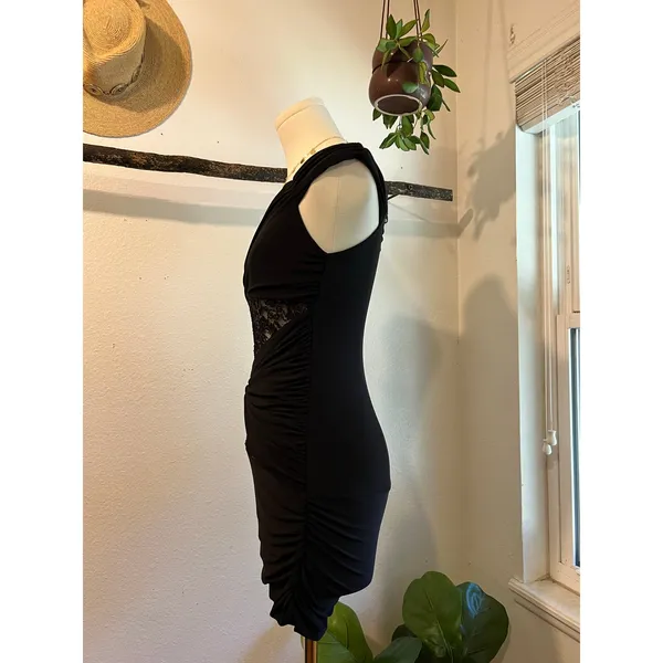 USA De More Y2K Black Stretchy Lace One Shoulder Gold Buckle Dress Size XS - Image 4