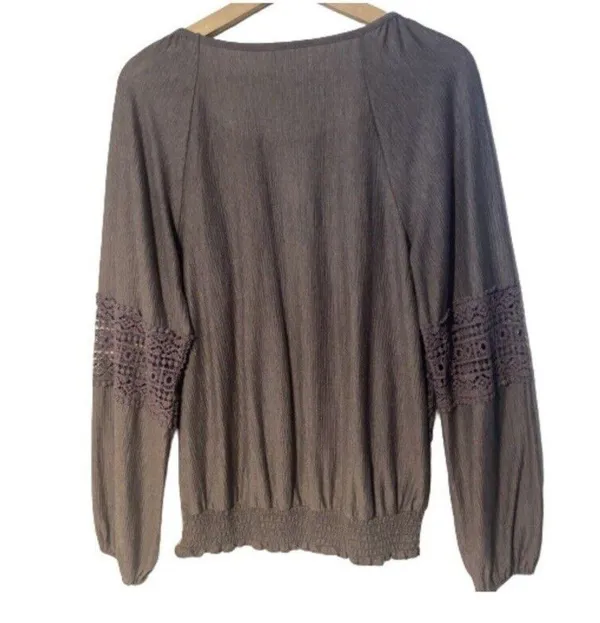 Knox Rose Blouse Top Purple Crochet Lace Peplum Long Sleeve Keyhole Peasant Med - Image 2