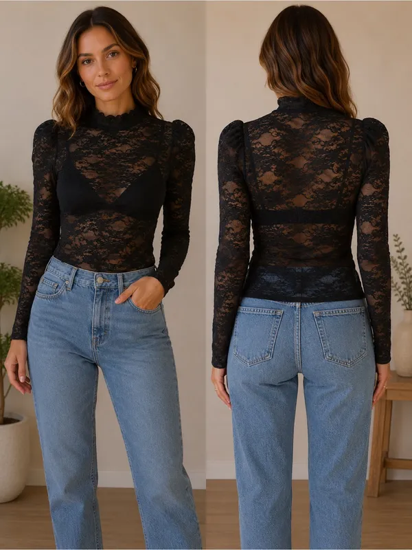 SHEIN Black Sheer Lace Mock Neck Long Sleeve Top, Size XS - Image 5