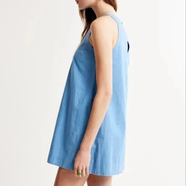 Abercrombie Light Blue High-Neck Linen-Blend Mini Dress Size Small - Image 3