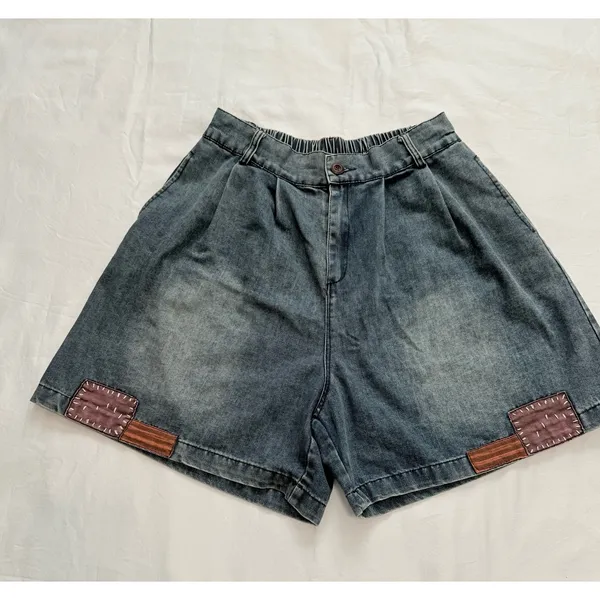 Vintage High Waisted Denim Shorts Pleated Acid Wash Patchwork Boho Jean Size M - Image 2