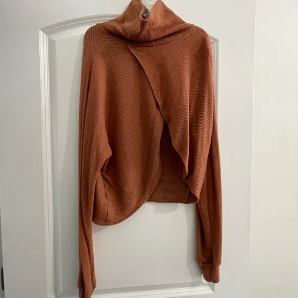 Lulus Sip On Cider Rust Orange Ribbed Turtleneck Cross Back Top - Size L - Image 5