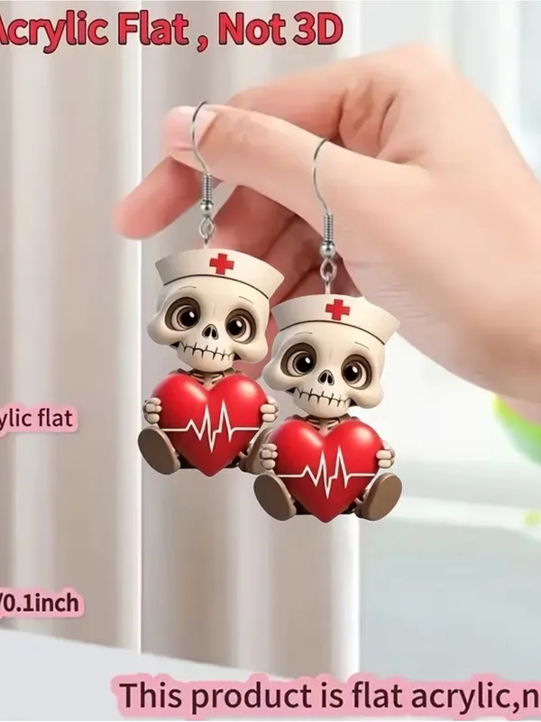 ❤️‍🩹❤️‍🩹❤️‍🩹3 for 12$❤️‍🩹❤️‍🩹❤️‍🩹Cute Nurse Skull Heart Earrings - Red - Image 5