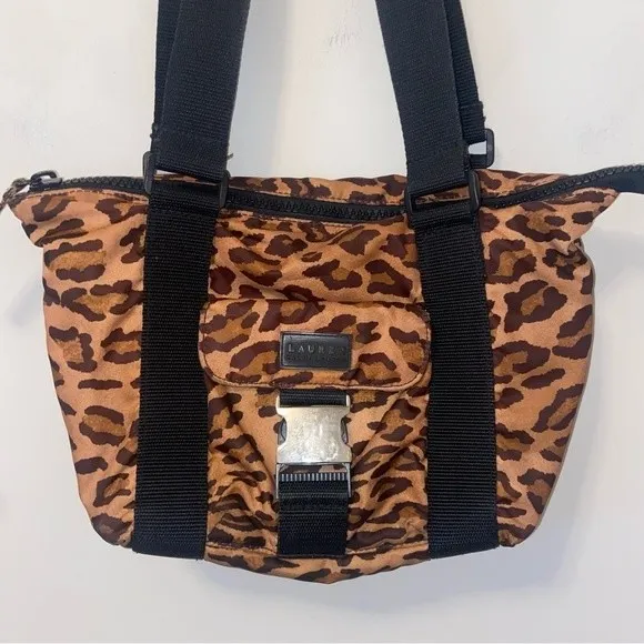 Lauren Ralph Lauren Leopard Print Shoulder Bag Black Strap Zip Closure - Image 3