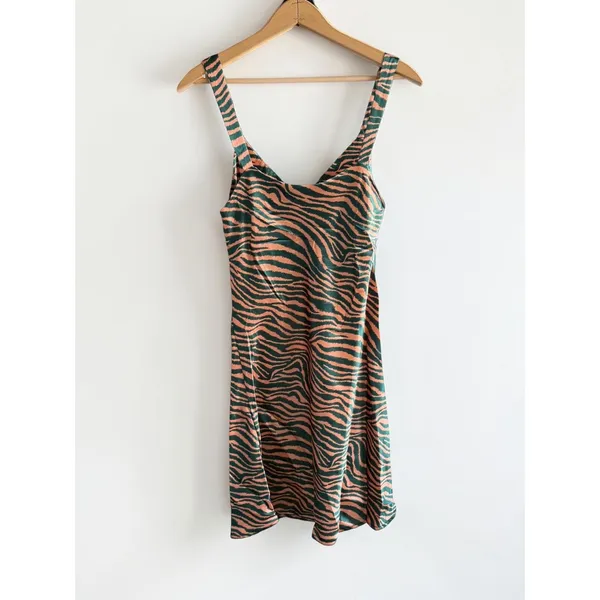 Audrey 3+1 Green Peach Tiger Print Satin Slip Mini Dress Large NWOT - Image 2