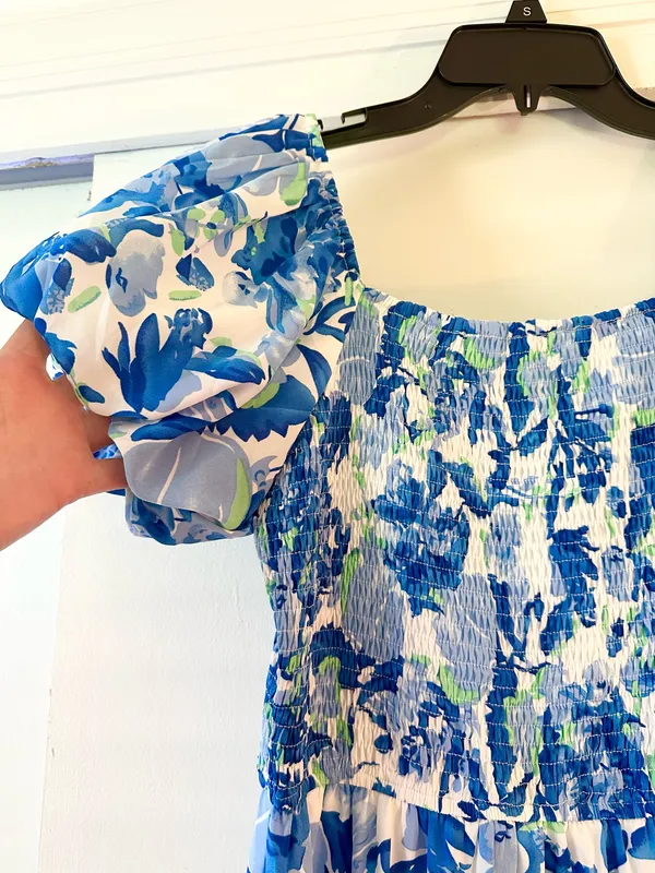 NWT Pretty Garden Smocked Blue Floral Tiered Puff Sleeve Dress - Image 4