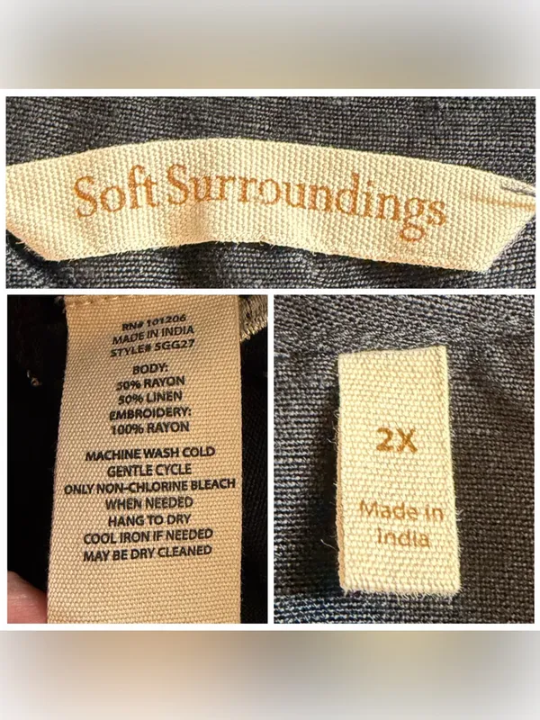 Soft Surroundings Embroidered Tiered Midi Dress Size 2X Linen Blend Belted Black - Image 13