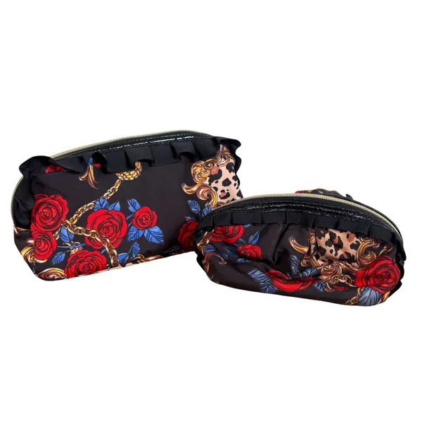 Betsey Johnson 2pc Cosmetic Bag Set Floral Leopard Ruffle Black Red Gold Rose - Image 5