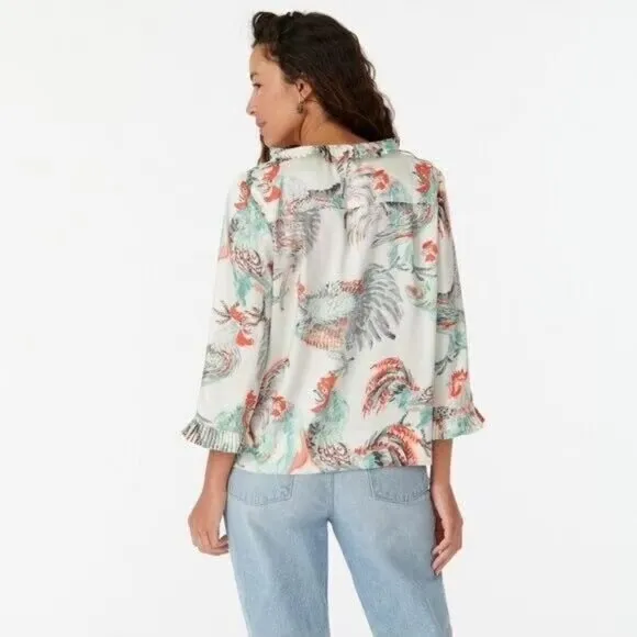 J. Crew Collection‎ Women Rooster Top M White Pleated Button Front Top Novelty - Image 2