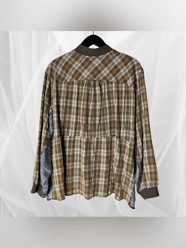 Hey son mixed print plaid denim oversized half zip shirts jacket western grunge - Image 3