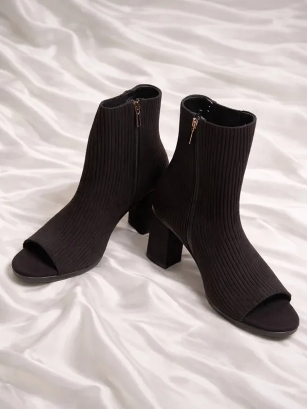 Black Ribbed Sock Ankle Booties with Block Heel - Image 2