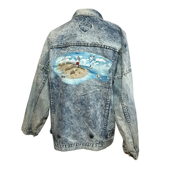 VTG 90s Ocean Denim Acid Wash Lighthouse Jacket Scenic Art Oversized XL - Image 2