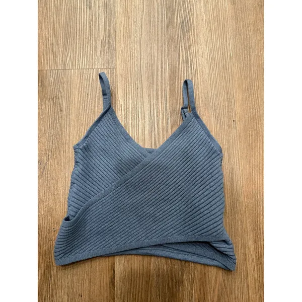 Aerie Women Small Dusty Blue Ribbed Wrap Front Knit Camisole‎ Cropped Tank Top - Image 2