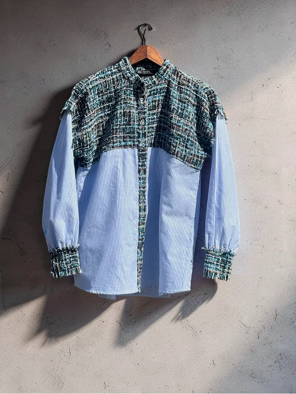 Zara Basic Collection Tweed Pinstripe Button-Down Shirt Size M - Image 2