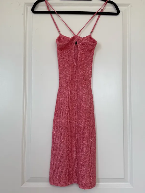 White Fox Boutique Pink Glitter Cutout Strappy Mini Dress Sparkle XXS - Image 2