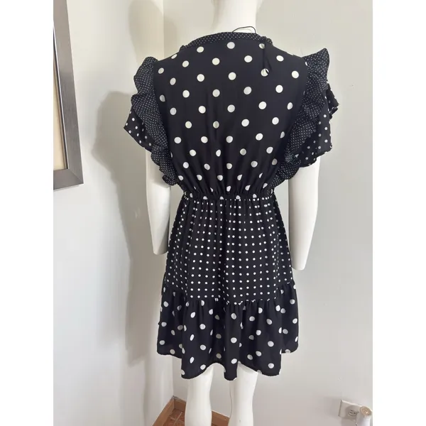 Zara Polka Dot Mini Dress Black White Ruffle Sleeve V-Neck Boho Summer Tassel XS - Image 6
