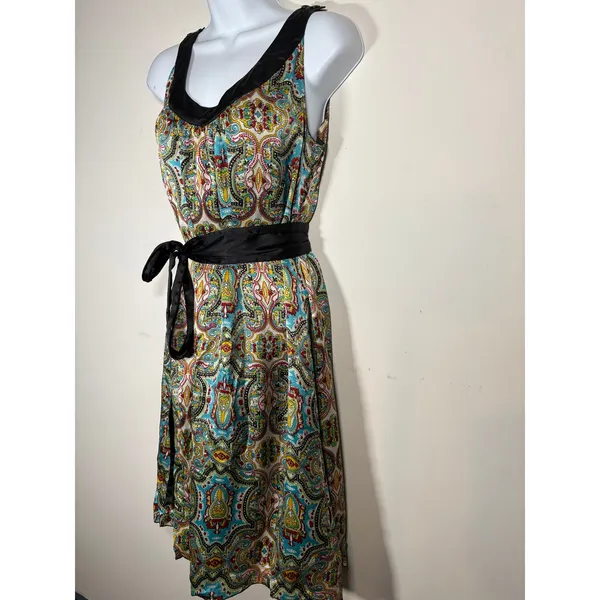 LulaKate Paisley Silk Dress Multicolor Satin Trim Belted Cocktail Boho Size 10 - Image 2