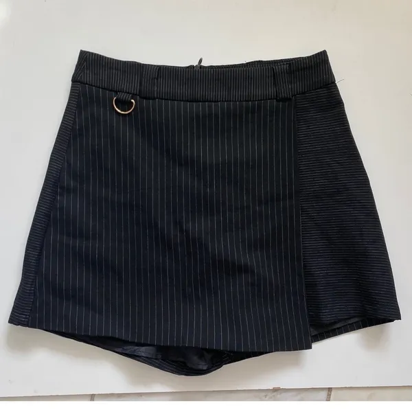 Princess Polly Black Everly Pinstripe‎ Skort Asymmetrical Wrap Front D-Ring 6 - Image 11