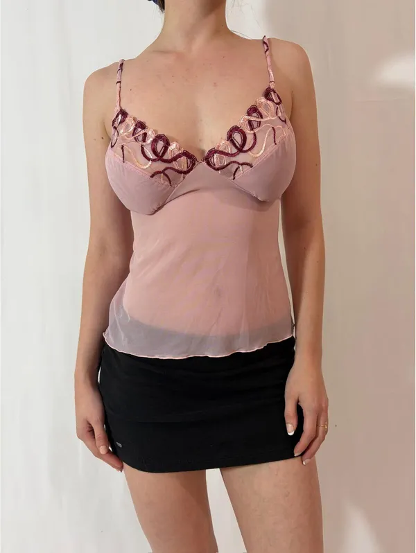 Sheer Angelic Pink Bow Embroidered Fairy Cami - Image 4