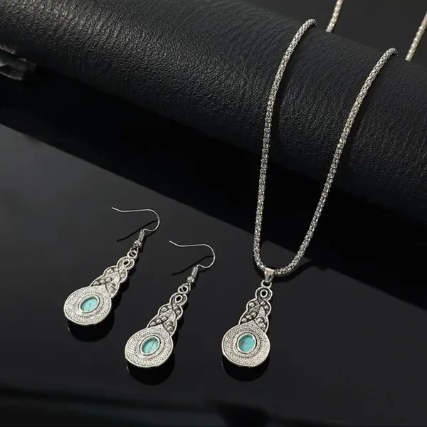 Set 3 pc Vintage Style Blue Crystal Inlaid Turquoise Pendant With Lantern Chain - Image 2